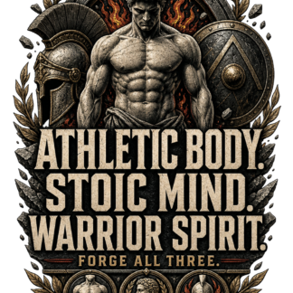 Diseño Athletic Body Stoic Mind Warrior Spirit con torso atlético, casco, escudo y laureles