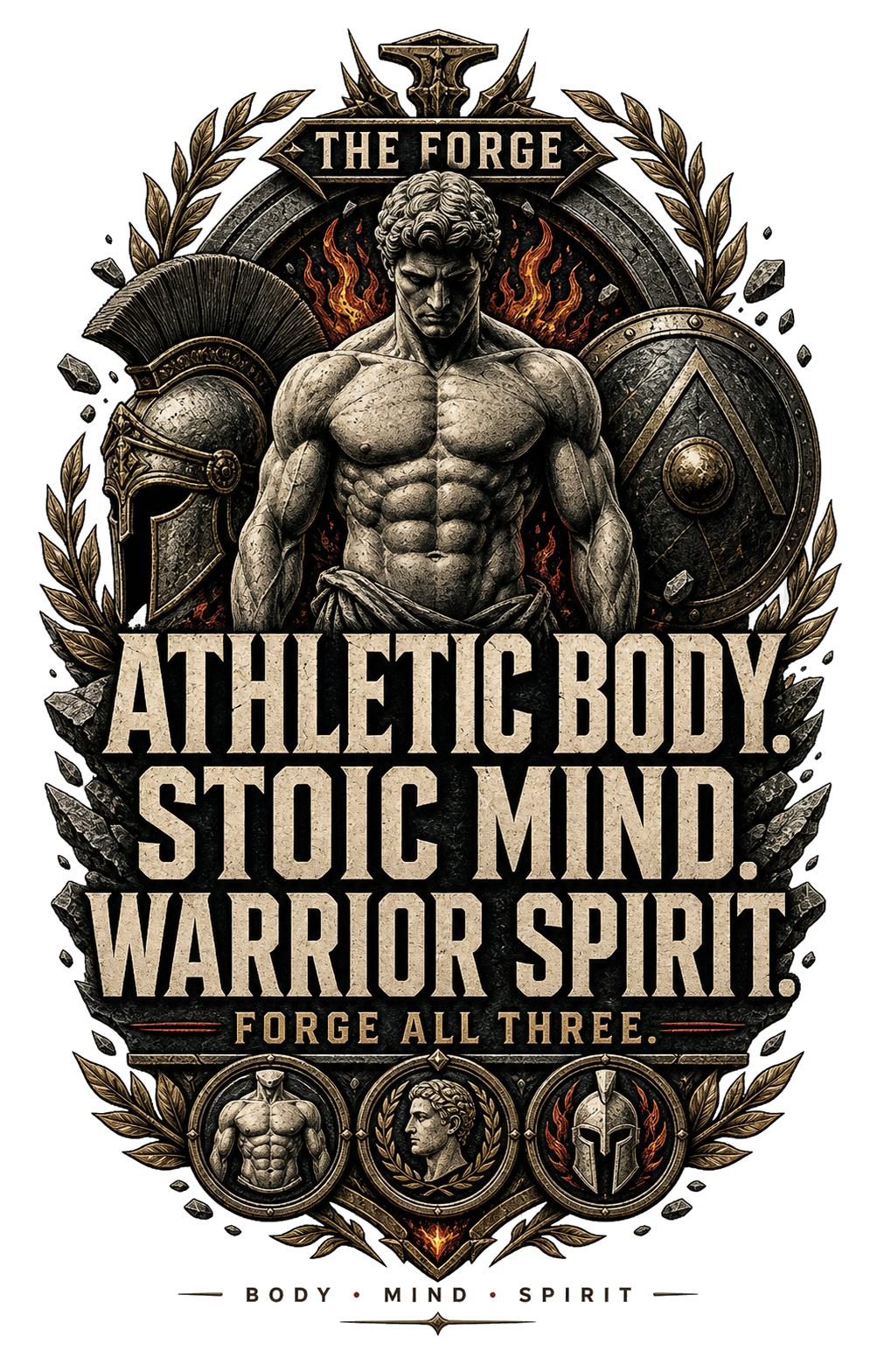 Diseño Athletic Body Stoic Mind Warrior Spirit con torso atlético, casco, escudo y laureles