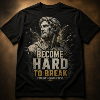 Camiseta negra Become Hard to Break con estatua fracturada y cadenas rotas