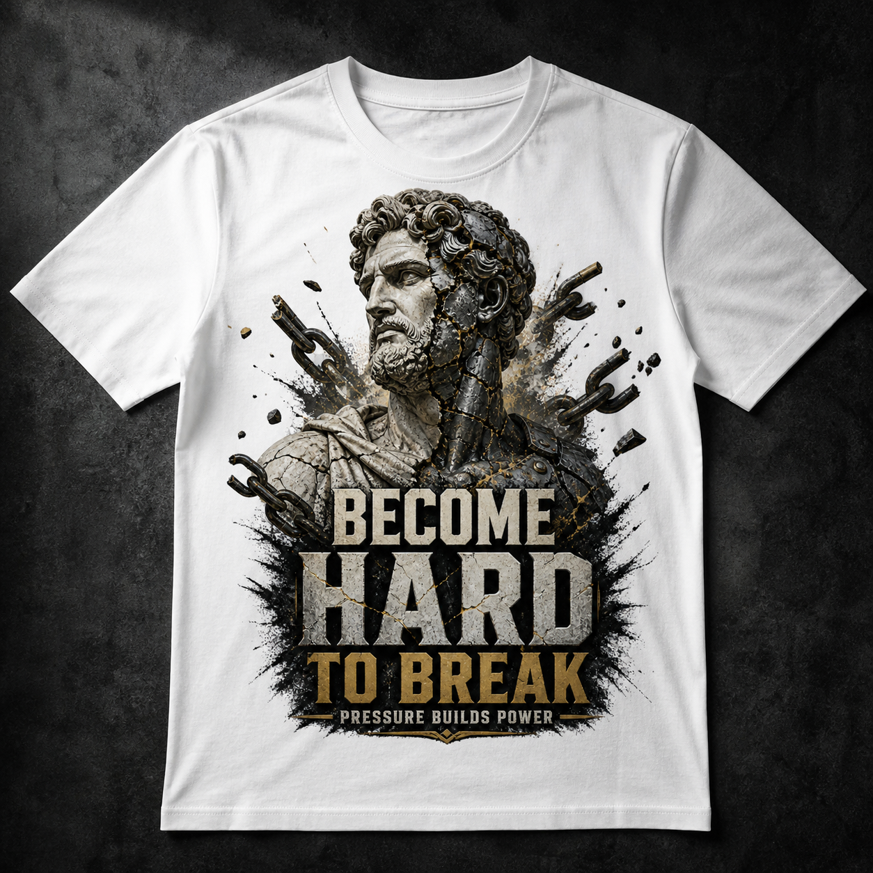Camiseta blanca Become Hard to Break con estatua estoica y mensaje Pressure Builds Power