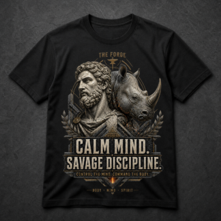 Camiseta negra Calm Mind Savage Discipline con estatua estoica y rinoceronte