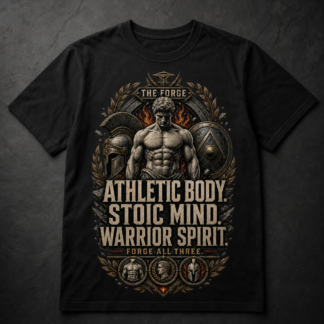 Camiseta negra Athletic Body Stoic Mind Warrior Spirit con estatua atlética y escudo