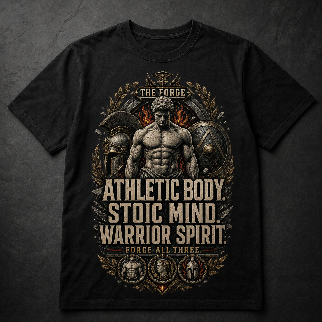 Camiseta negra Athletic Body Stoic Mind Warrior Spirit con estatua atlética y escudo