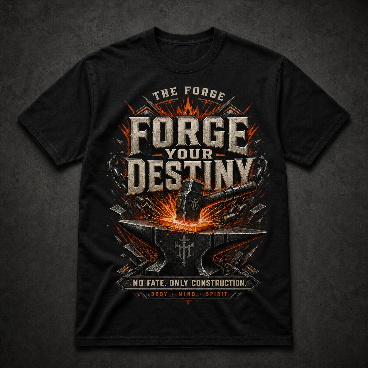 Camiseta negra Forge Your Destiny con diseño de yunque y martillo