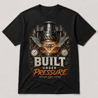 Camiseta negra Built Under Pressure con prensa hidráulica y diamante
