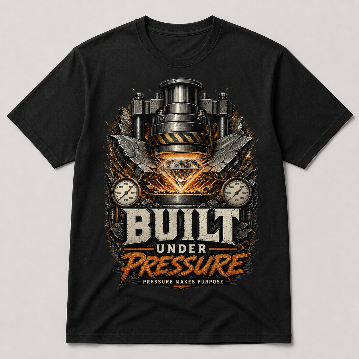 Camiseta negra Built Under Pressure con prensa hidráulica y diamante