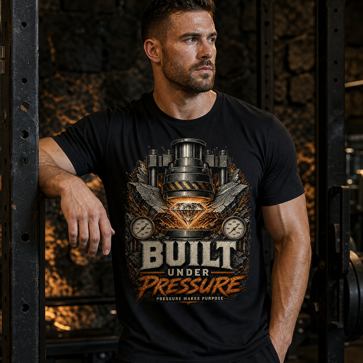 Hombre con camiseta negra Built Under Pressure en gimnasio industrial