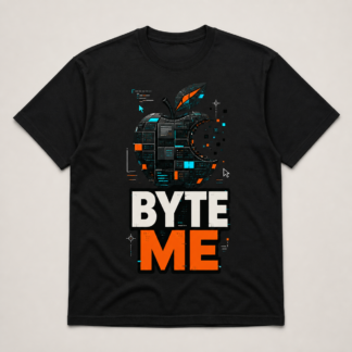 Camiseta negra Byte Me con manzana digital pixelada en colores cian y naranja