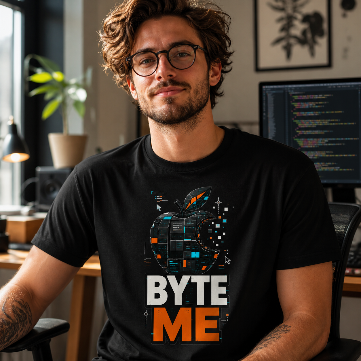 Programador con camiseta negra Byte Me en un espacio de trabajo tecnológico