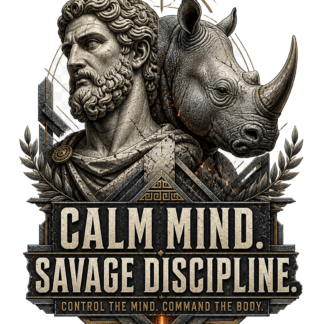 Diseño Calm Mind Savage Discipline con busto estoico y rinoceronte de un gran cuerno