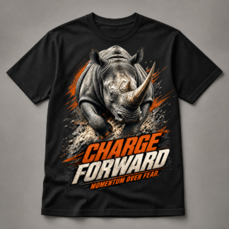 Camiseta negra Charge Forward con rinoceronte en movimiento y mensaje Momentum Over Fear