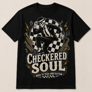 Camiseta negra Checkered Soul con esqueleto bailando, damero e instrumentos de viento