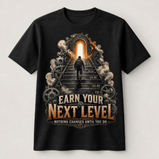 Camiseta negra Earn Your Next Level con escalera, engranajes y puerta luminosa