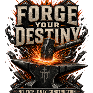 Diseño Forge Your Destiny con martillo golpeando metal incandescente sobre un yunque