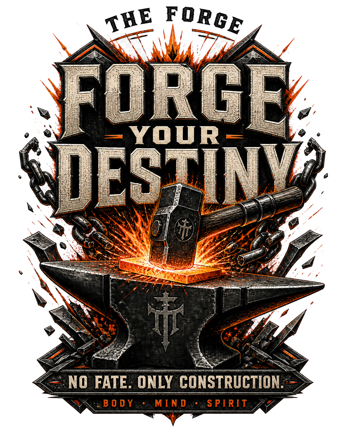 Diseño Forge Your Destiny con martillo golpeando metal incandescente sobre un yunque