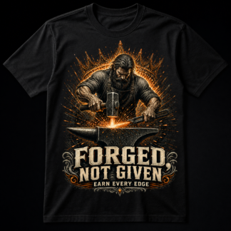Camiseta negra Forged Not Given con herrero, martillo, yunque y chispas