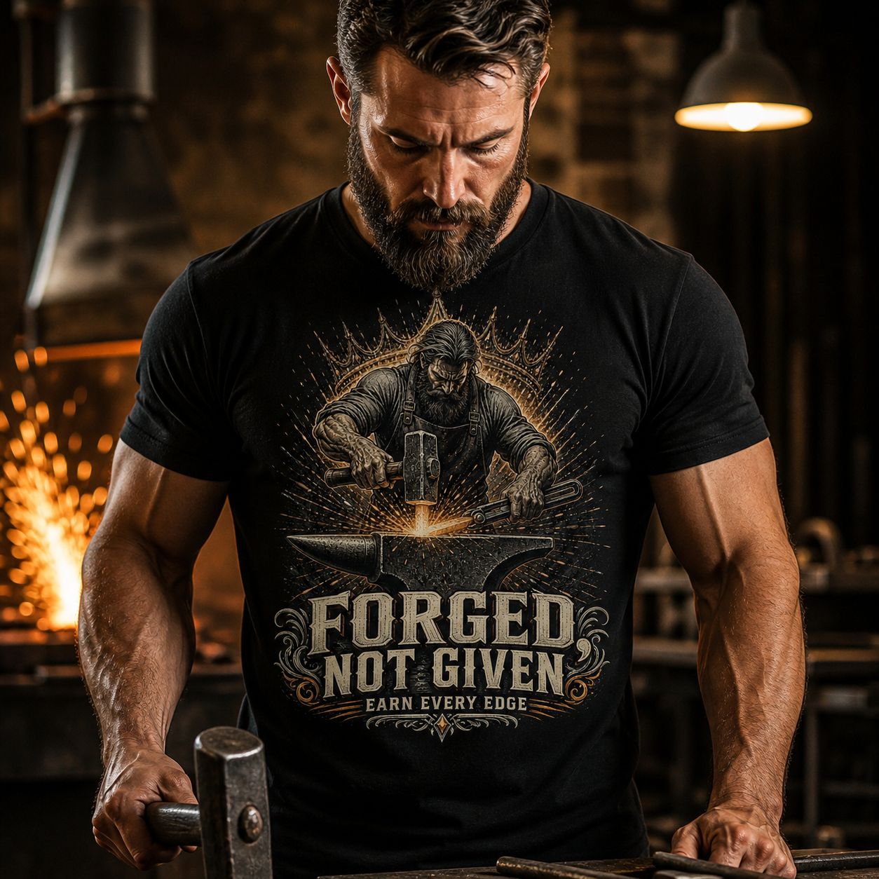 Hombre con camiseta negra Forged Not Given trabajando en una forja