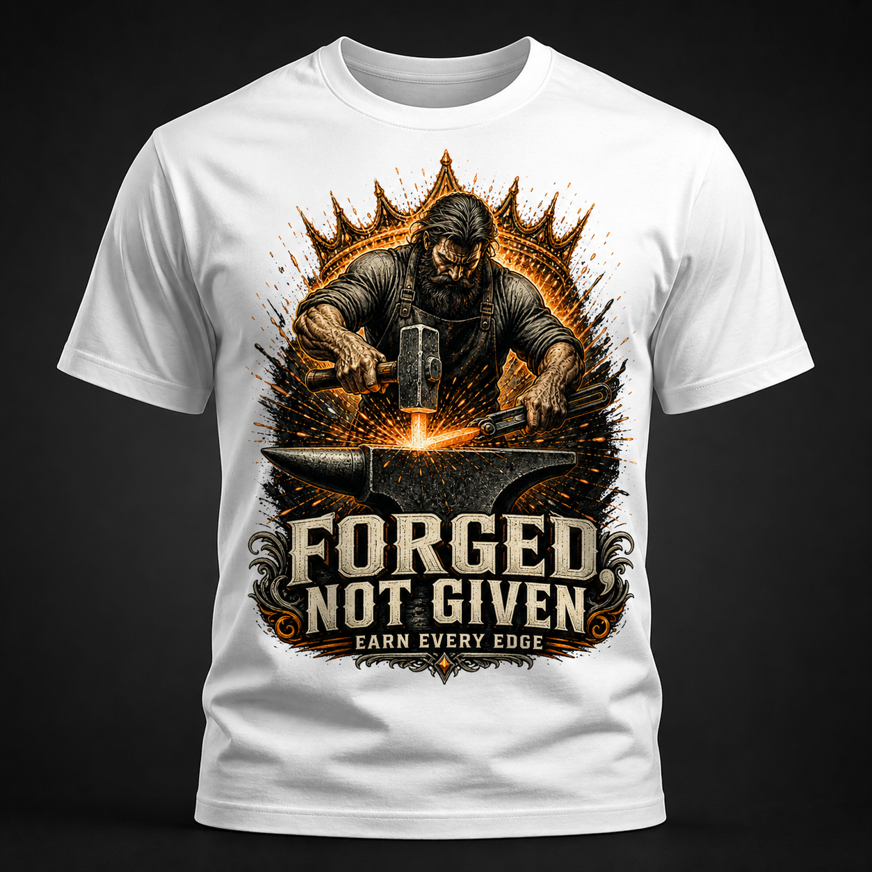 Camiseta blanca Forged Not Given con herrero y mensaje Earn Every Edge