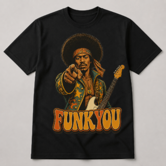Camiseta negra Funkyou Afro Headband con guitarrista retro y guitarra eléctrica