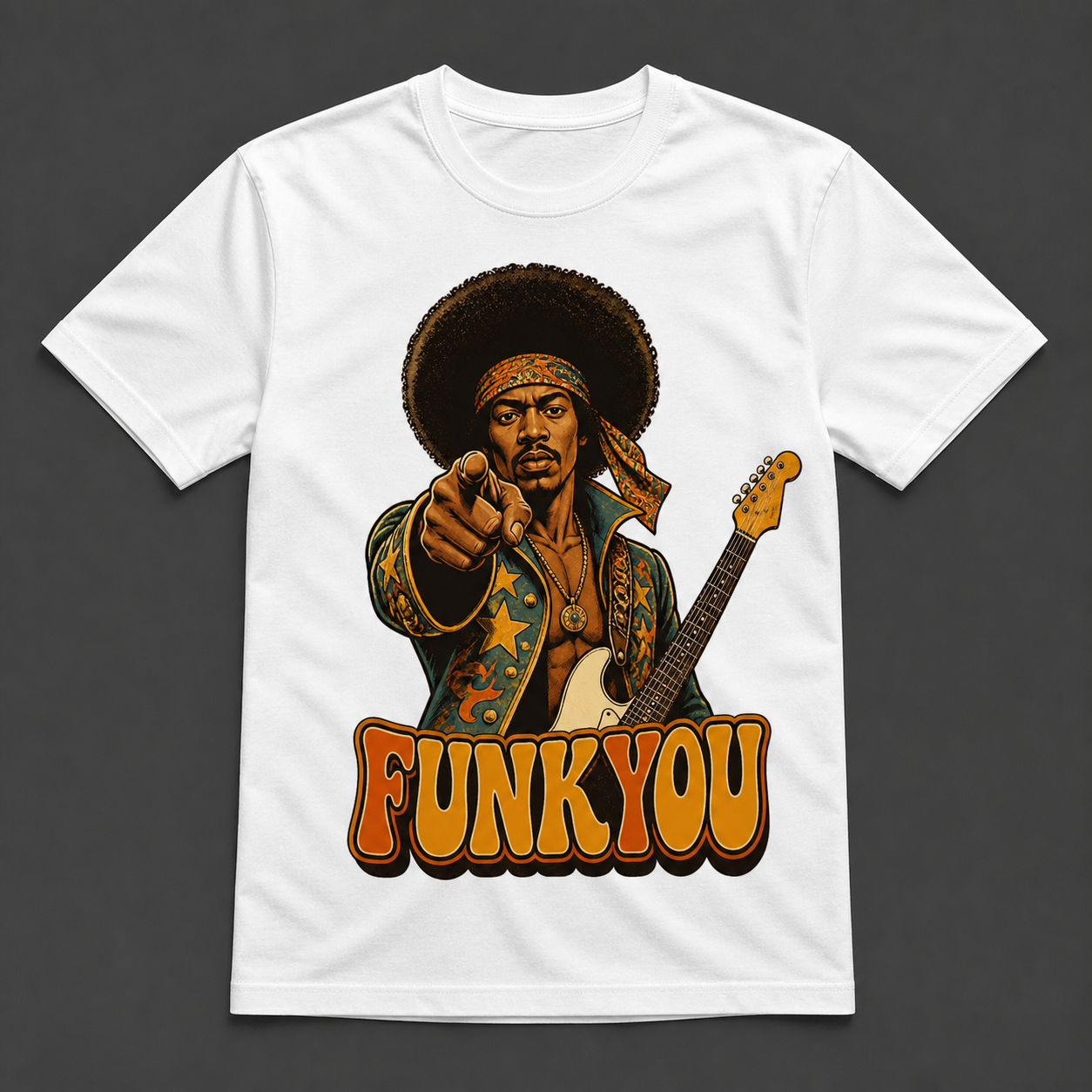 Camiseta blanca Funkyou Afro Headband con guitarrista de pelo afro y chaqueta de estrellas