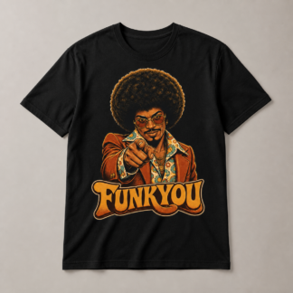 Camiseta negra Funkyou Afro Man con personaje retro de pelo afro señalando