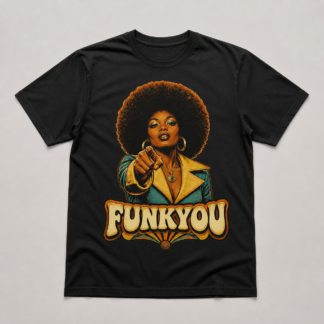 Camiseta negra Funkyou Afro Woman con mujer afro de estética retro señalando