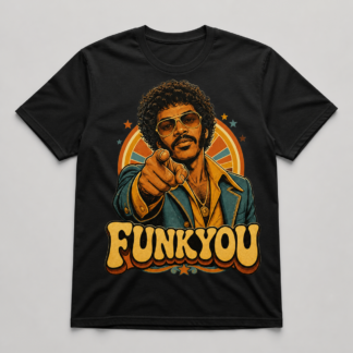 Camiseta negra Funkyou Curly Sideburns con personaje retro de pelo rizado y gafas