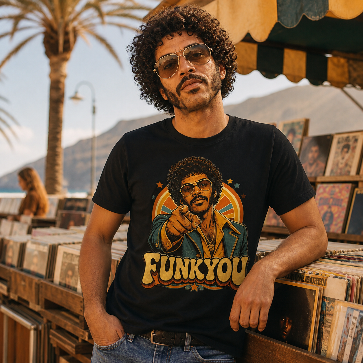 Hombre con camiseta negra Funkyou Curly Sideburns en un mercado de discos