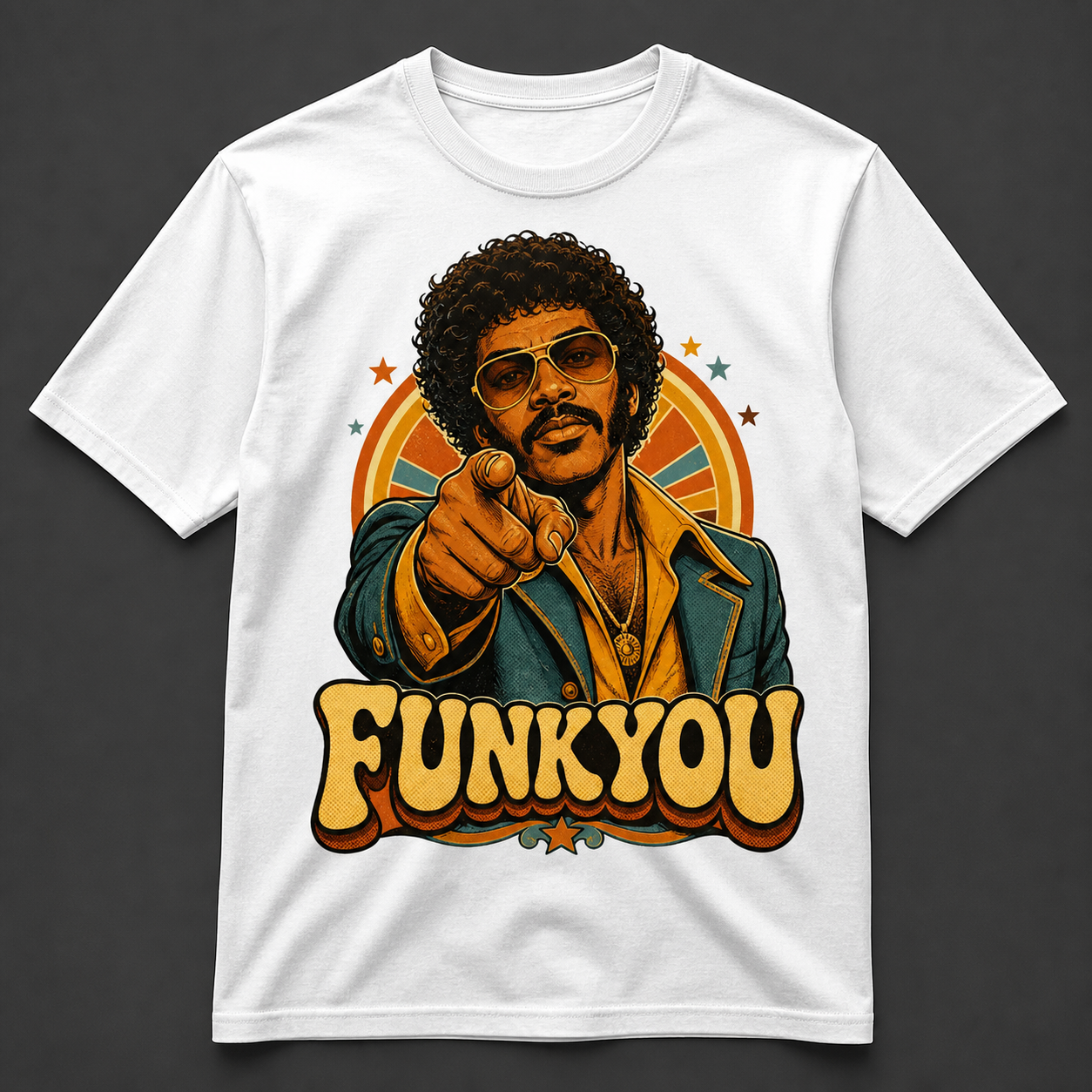 Camiseta blanca Funkyou Curly Sideburns con ilustración retro y texto Funkyou