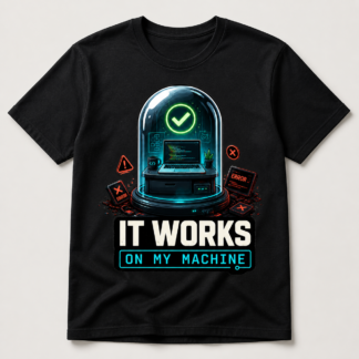 Camiseta negra It Works On My Machine con portátil bajo una cúpula y errores