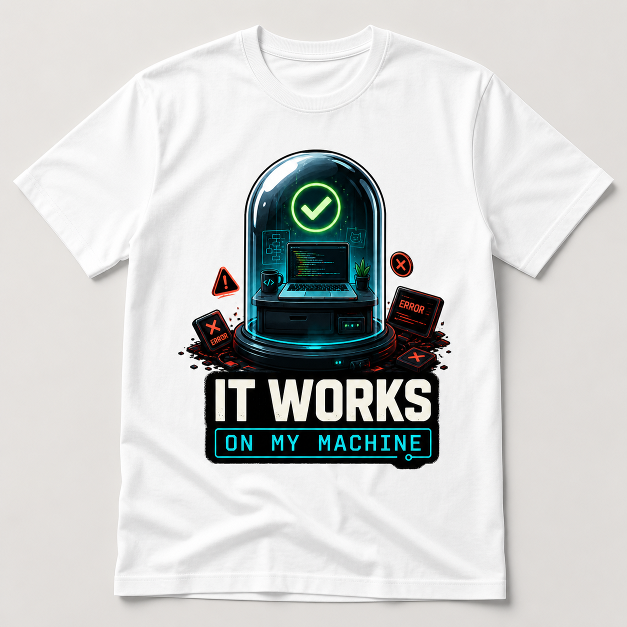 Camiseta blanca It Works On My Machine para programadores