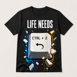 Camiseta negra Life Needs Ctrl+Z con tecla deshacer azul y naranja