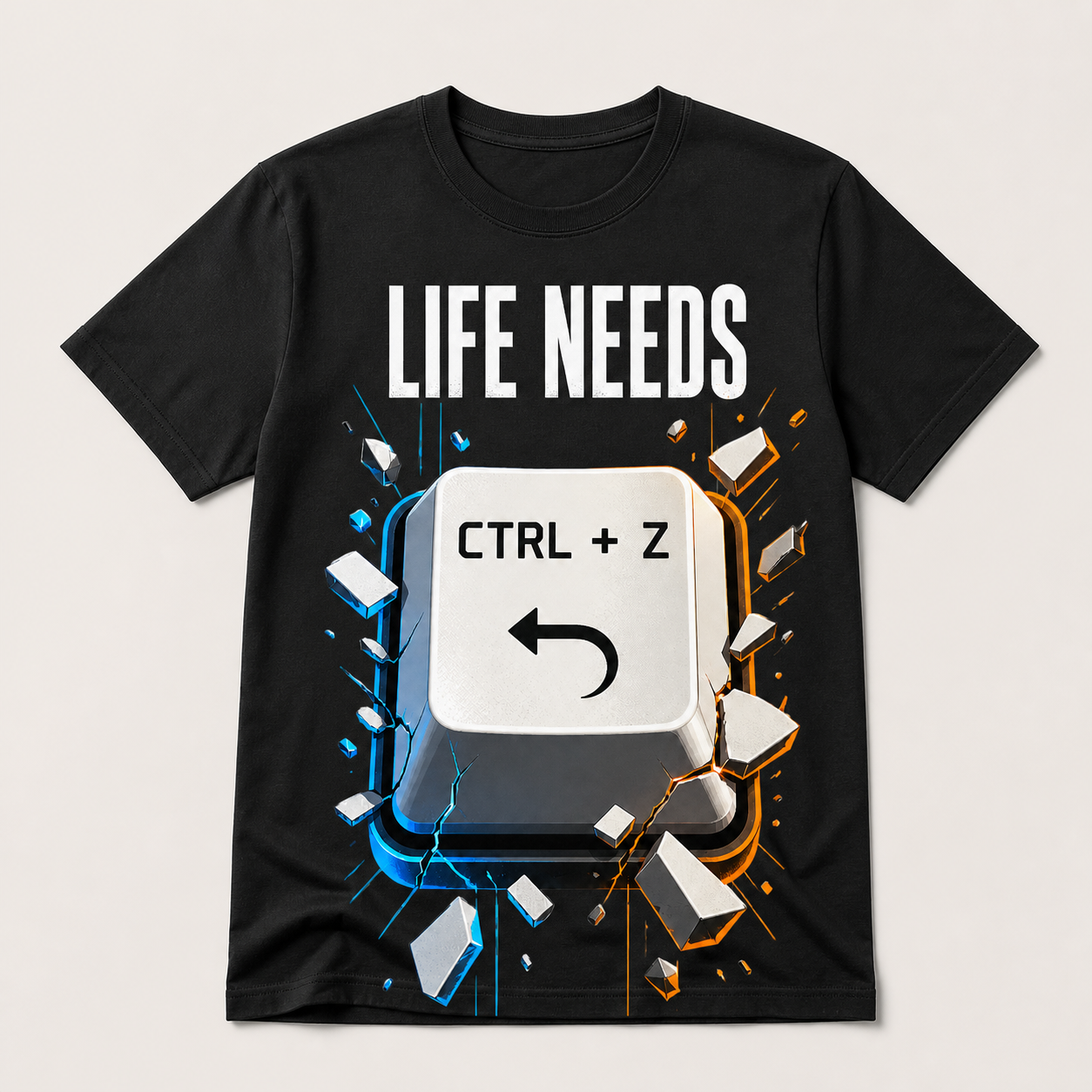 Camiseta negra Life Needs Ctrl+Z con tecla deshacer azul y naranja