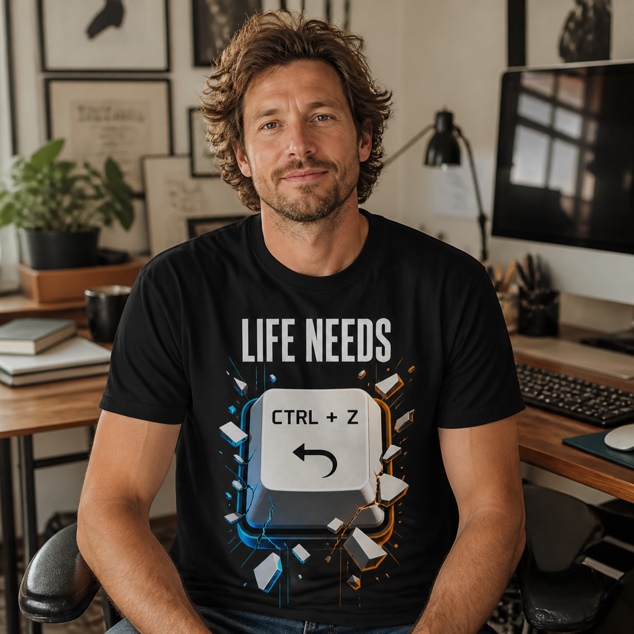 Persona con camiseta negra Life Needs Ctrl+Z en un espacio de trabajo