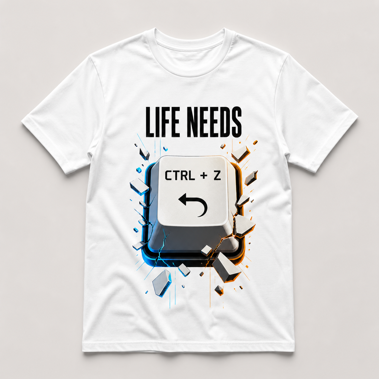 Camiseta blanca Life Needs Ctrl+Z con gran tecla de deshacer