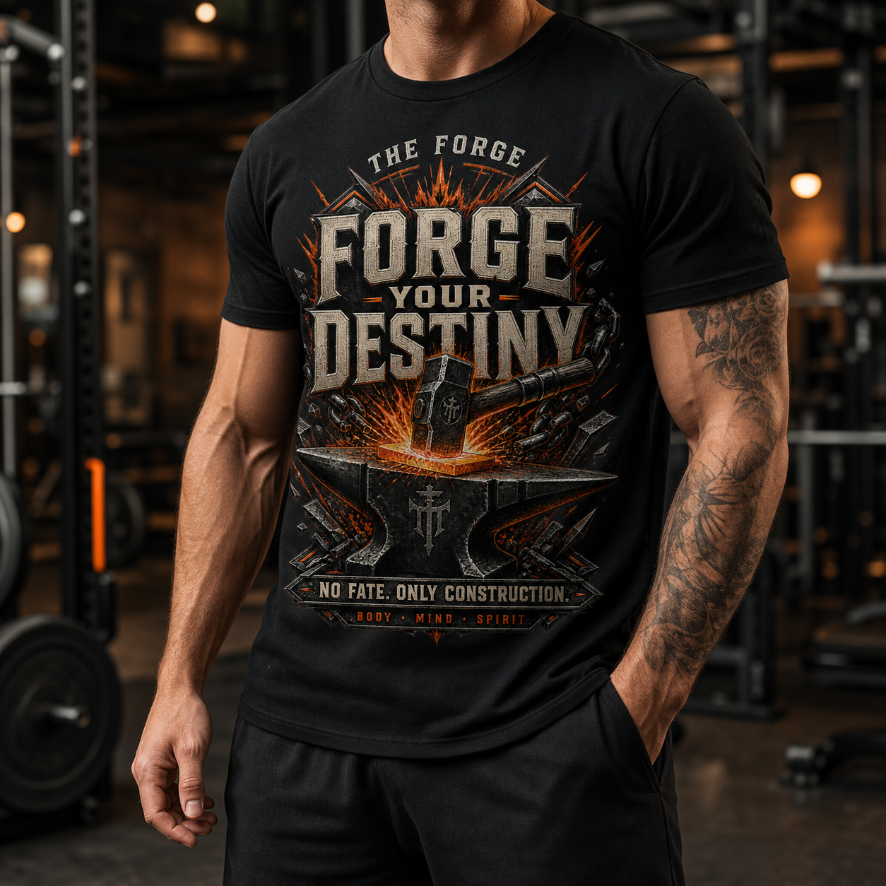 Modelo con camiseta negra Forge Your Destiny en un gimnasio