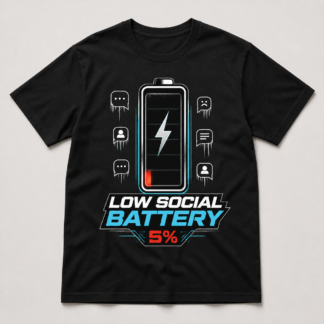Camiseta negra Low Social Battery 5% con batería agotada e iconos de mensajes