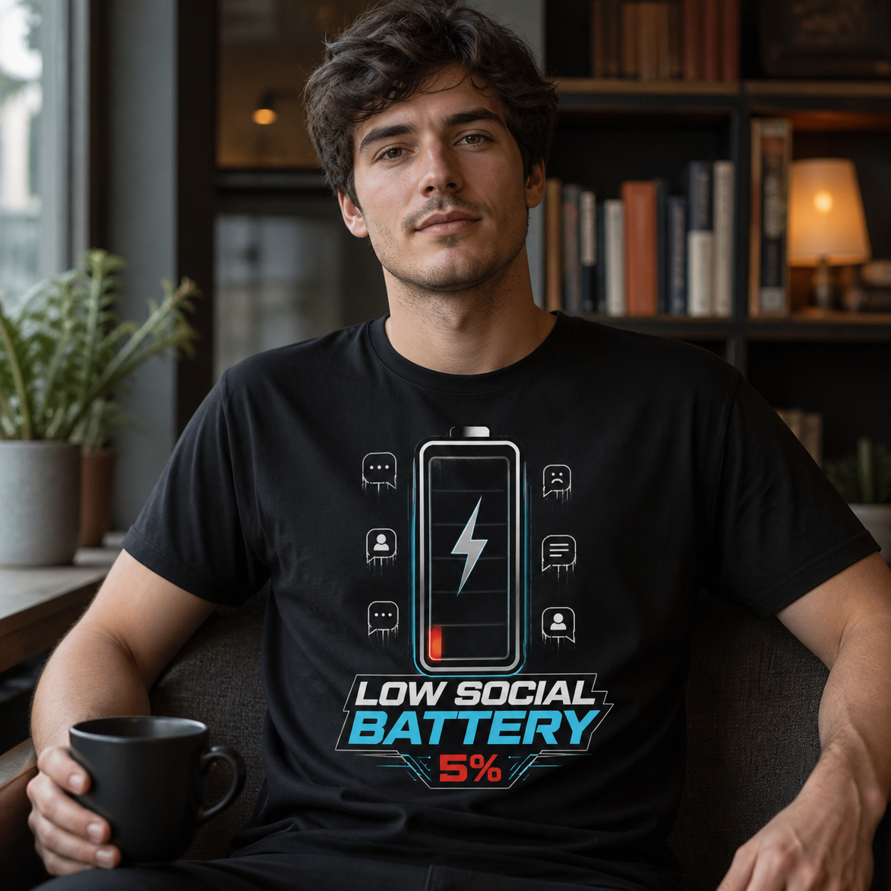 Persona con camiseta negra Low Social Battery 5% descansando con una taza