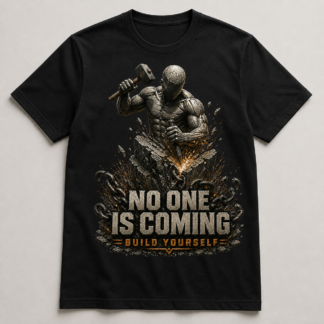 Camiseta negra No One Is Coming con figura de piedra, martillo y cadenas rotas