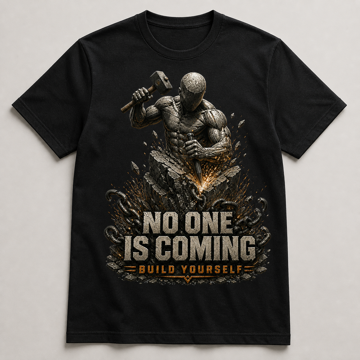 Camiseta negra No One Is Coming con figura de piedra, martillo y cadenas rotas