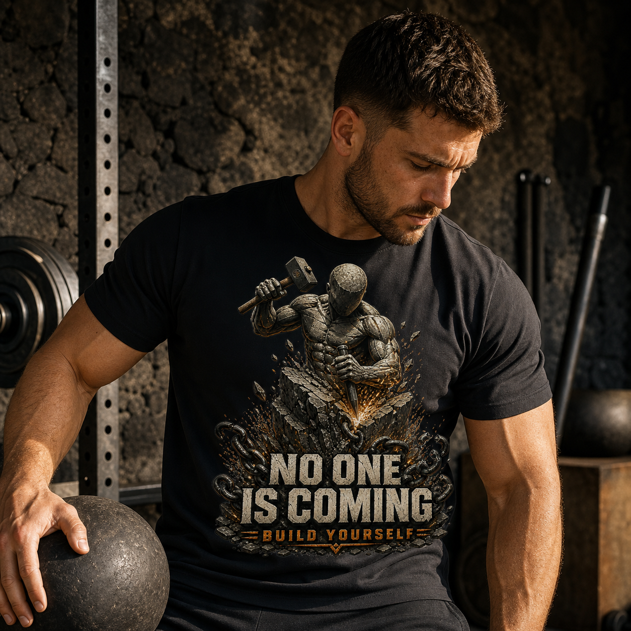 Hombre con camiseta negra No One Is Coming entrenando de forma autónoma