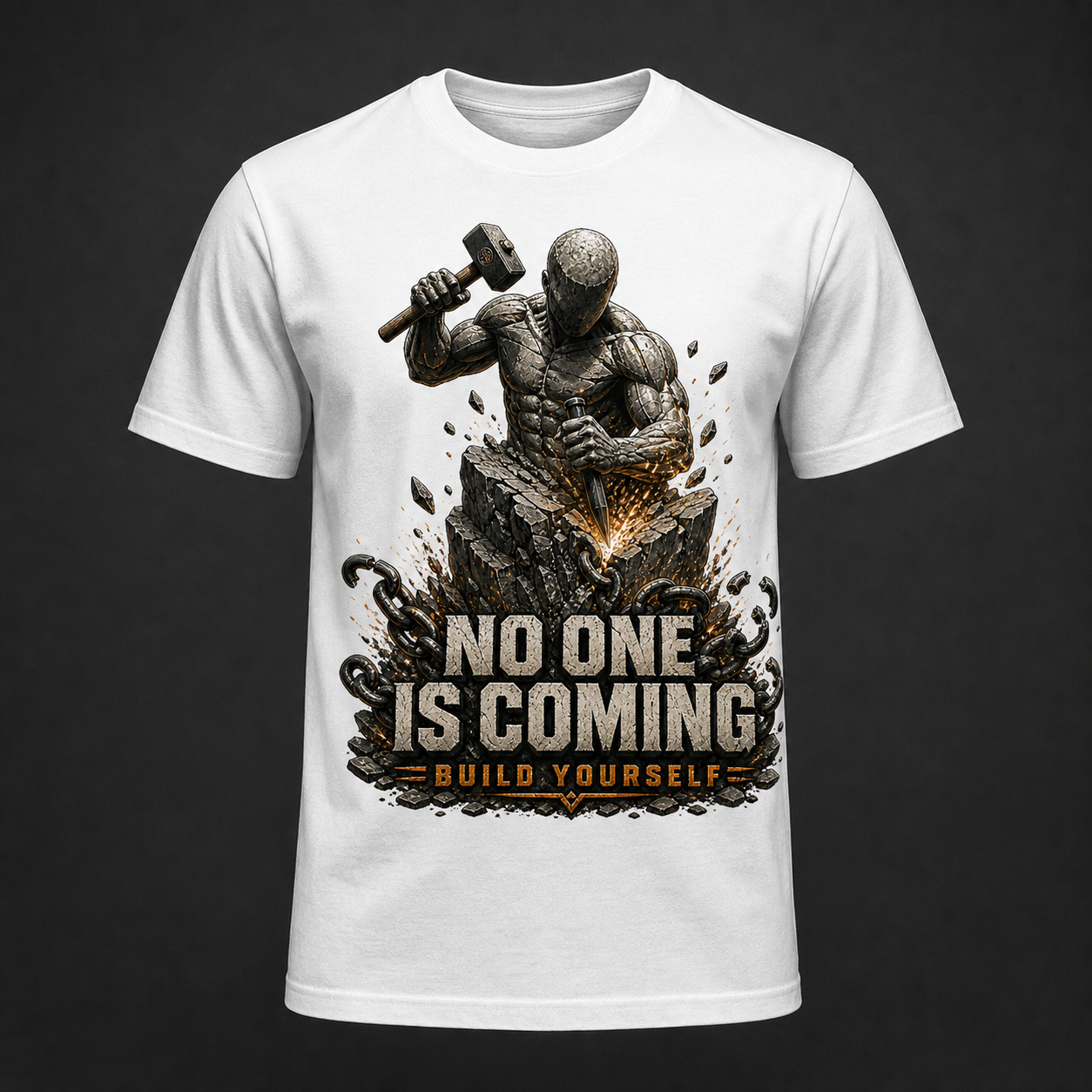 Camiseta blanca No One Is Coming con mensaje Build Yourself