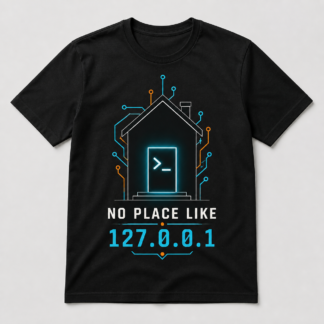 Camiseta negra No Place Like 127.0.0.1 con casa digital y terminal