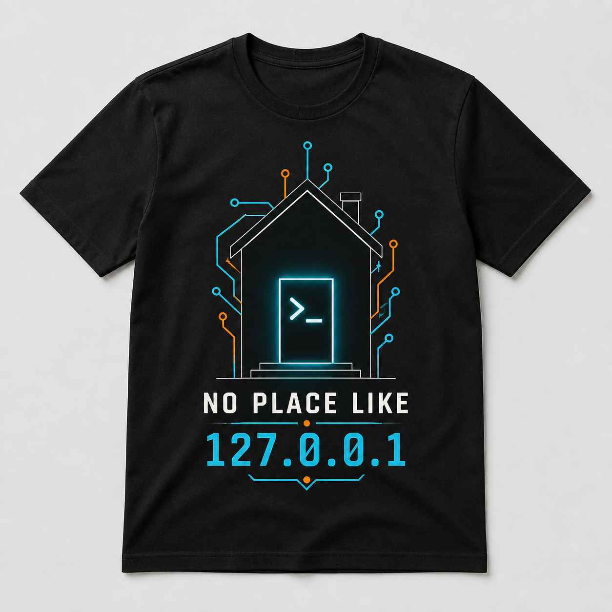 Camiseta negra No Place Like 127.0.0.1 con casa digital y terminal