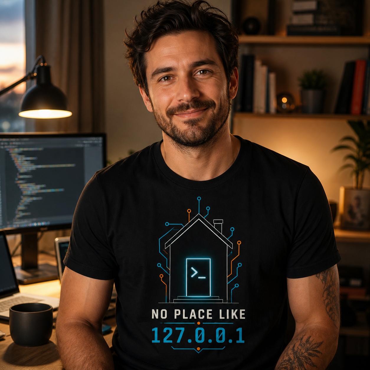 Programador con camiseta negra No Place Like 127.0.0.1 en su oficina