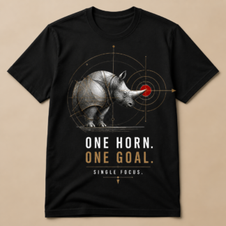 Camiseta negra One Horn One Goal con rinoceronte, diana roja y geometría dorada