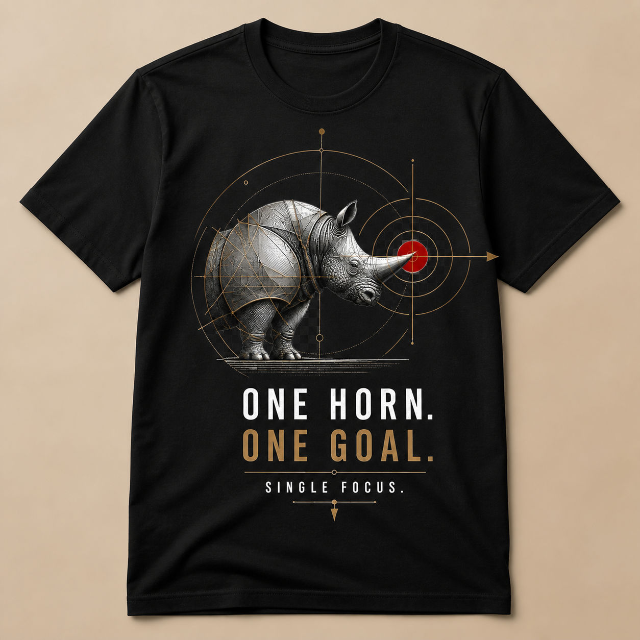 Camiseta negra One Horn One Goal con rinoceronte, diana roja y geometría dorada
