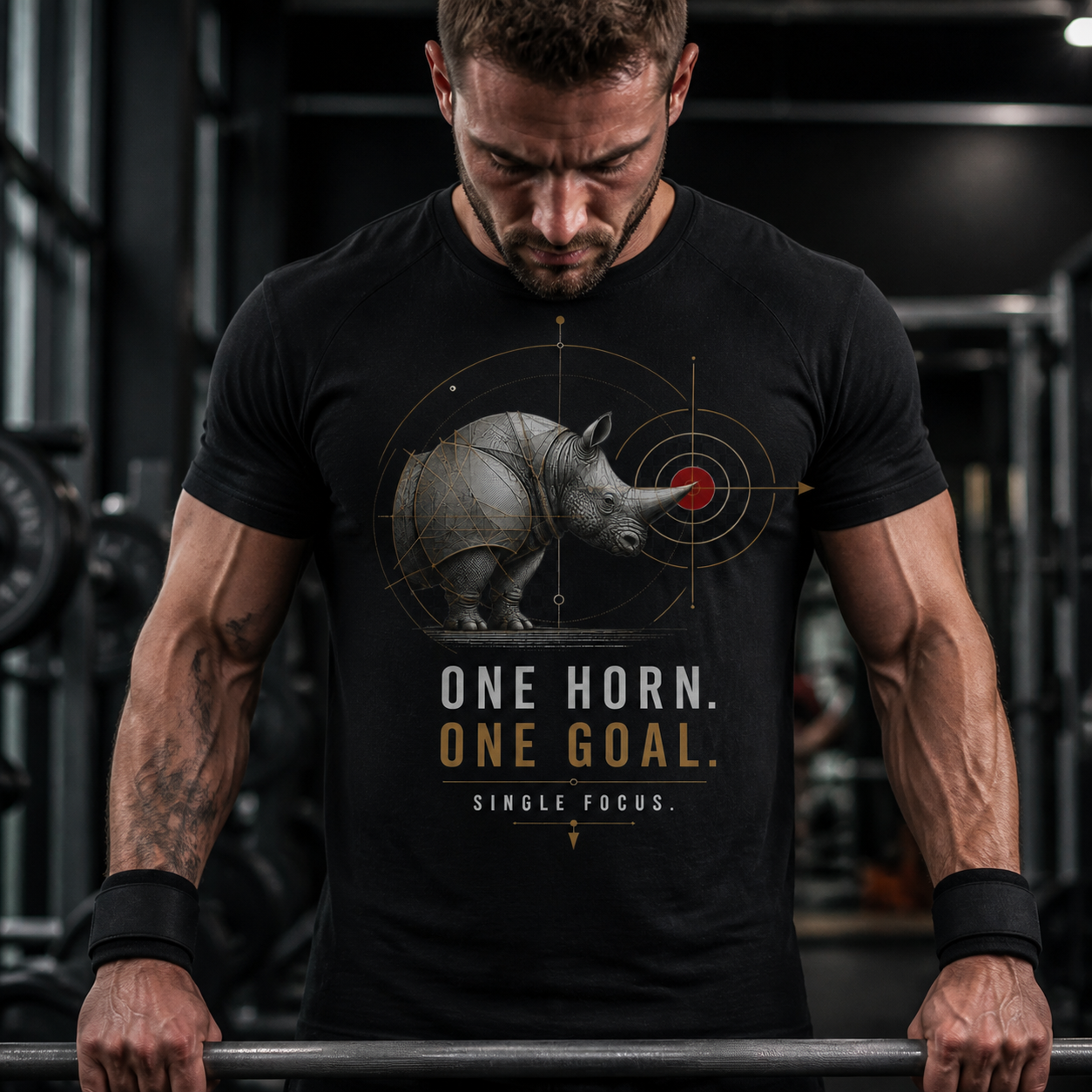 Hombre concentrado con camiseta negra One Horn One Goal durante el entrenamiento