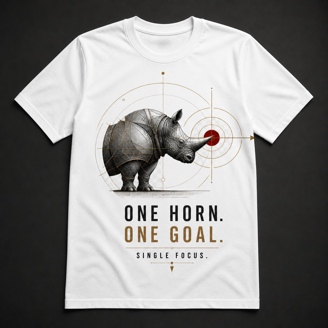 Camiseta blanca One Horn One Goal con diseño geométrico de rinoceronte y diana