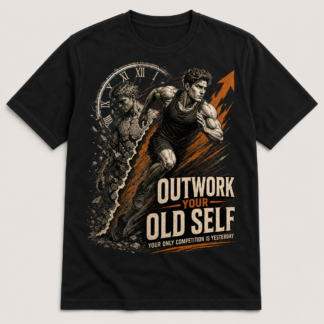 Camiseta negra Outwork Your Old Self con corredor superando a su versión anterior